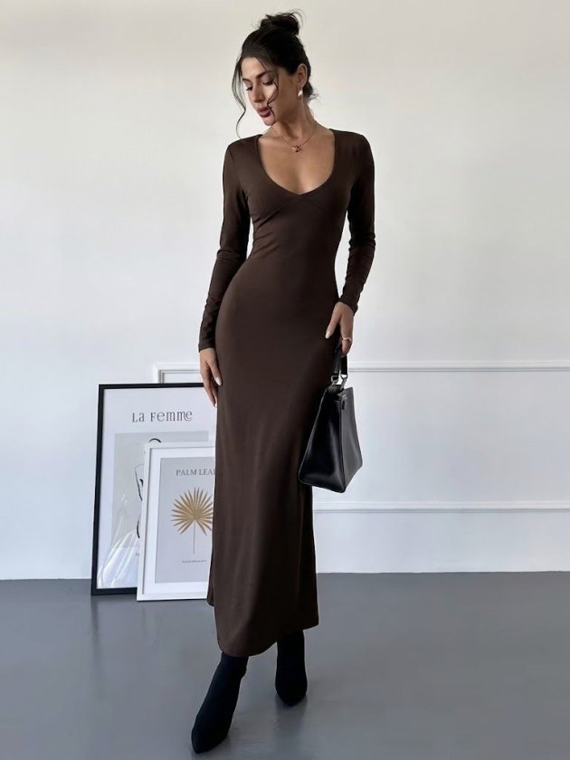 Rochie lungă de dama, tip scuba, cu mâneci lungi, decolteu adânc și cordon în talie, 38009
