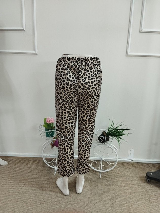 Kadın Yüksek Bel Bağcıklı Leopar Desenli Modal Pantolon, 38404