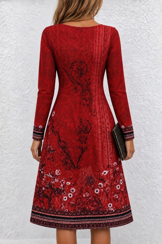 Kadın Uzun Kollu V Yakalı çiçek Desenli Midi Süprem Elbise, 38597