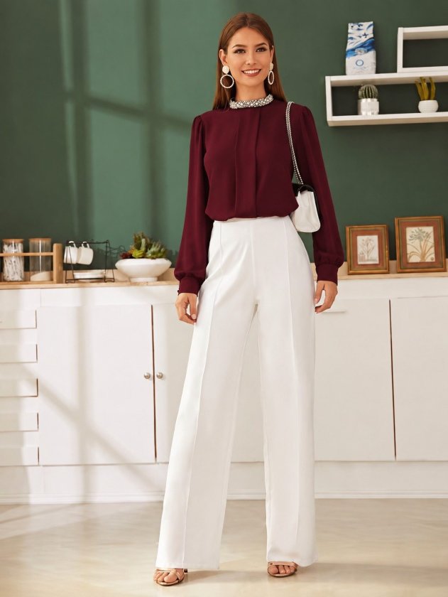 Kadın Uzun Kollu Taş Yaka Detaylı Ithal Krep Bluz, 38610