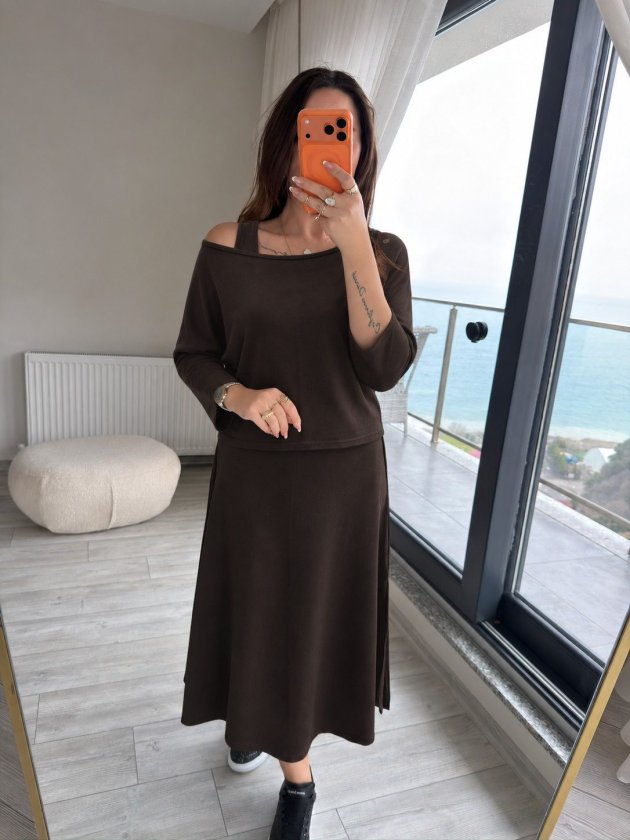Kadın Uzun Kollu Tek Omuzdan Açık Viskon Iki Iplik Bluz Ve Askılı Yırtmaçlı Midi Elbise, 38684