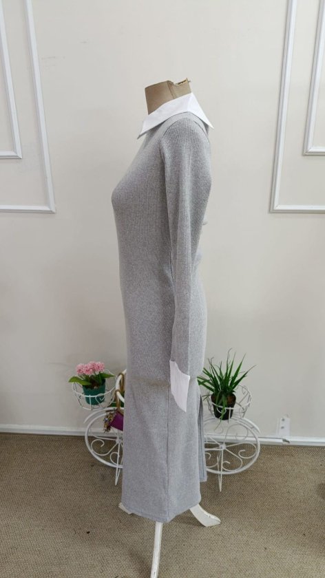 Rochie de damă cu mânecă lungă și guler, cu decolteu și mâneci tricotate, 38904