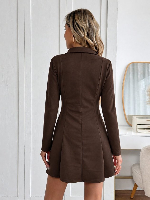 Rochie scurtă din piele întoarsă cu mânecă lungă și decolteu în V pentru femei, 38908
