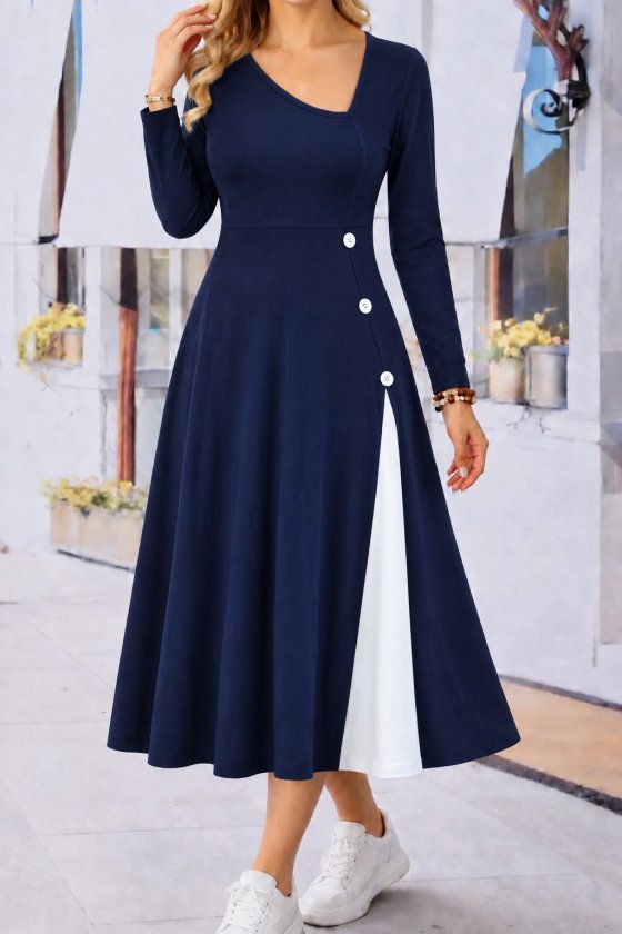 Rochie midi evazată din viscoză, cu mânecă lungă, guler asimetric și nasturi, 38993