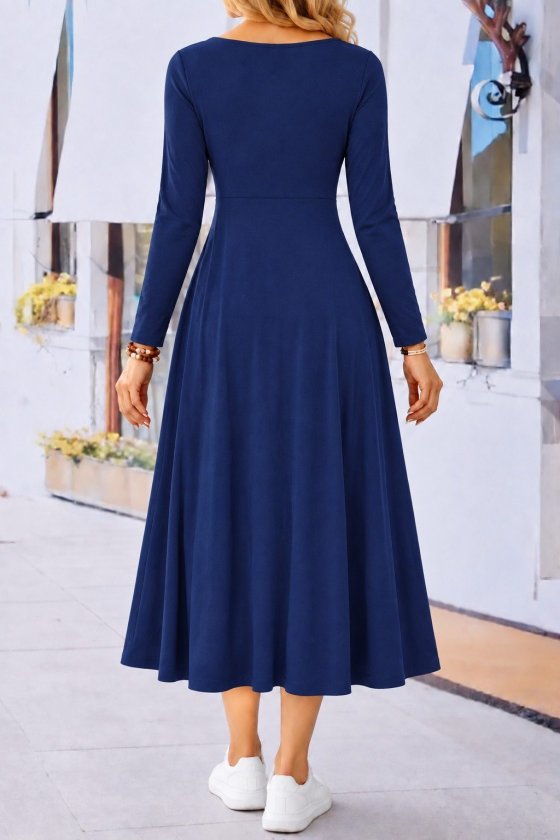 Rochie midi evazată din viscoză, cu mânecă lungă, guler asimetric și nasturi, 38993