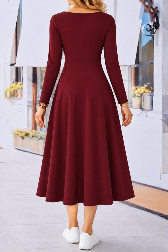 Rochie midi evazată din viscoză, cu mânecă lungă, guler asimetric și nasturi, 38994