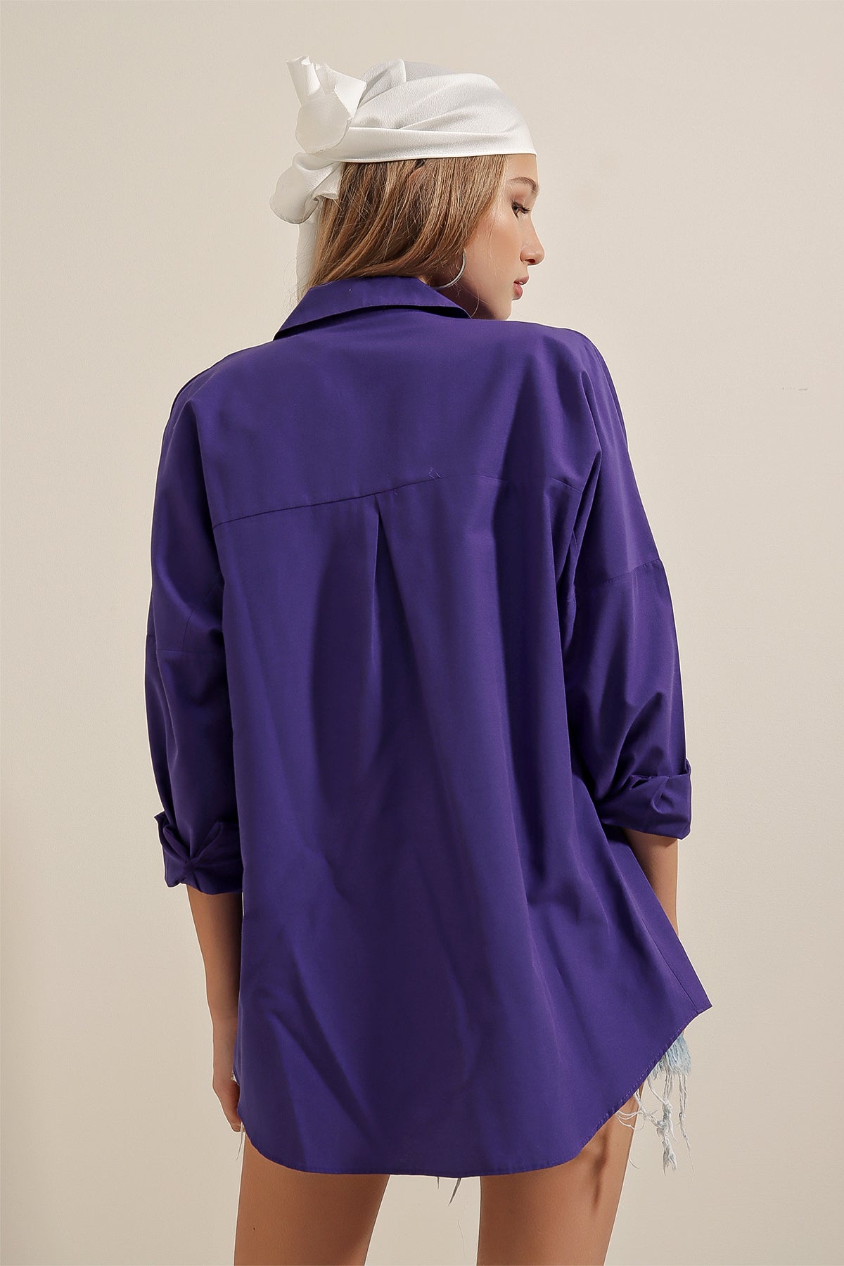 3900 Oversize Uzun Basic Gömlek - Mor