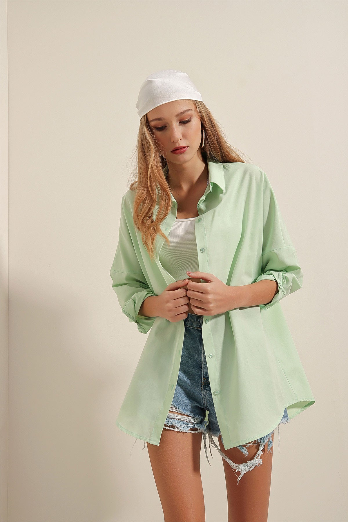 3900 Cămașă Oversize Lungă Basic - Verde Deschis