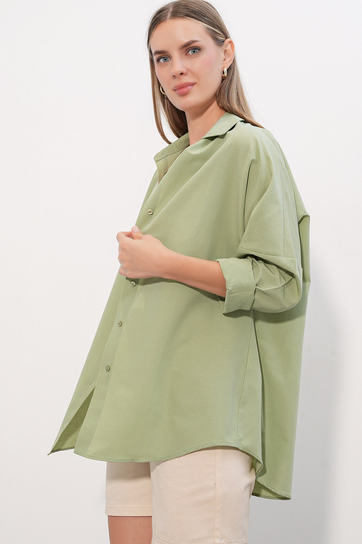 3900 Oversize Uzun Basic Gömlek - A.Haki
