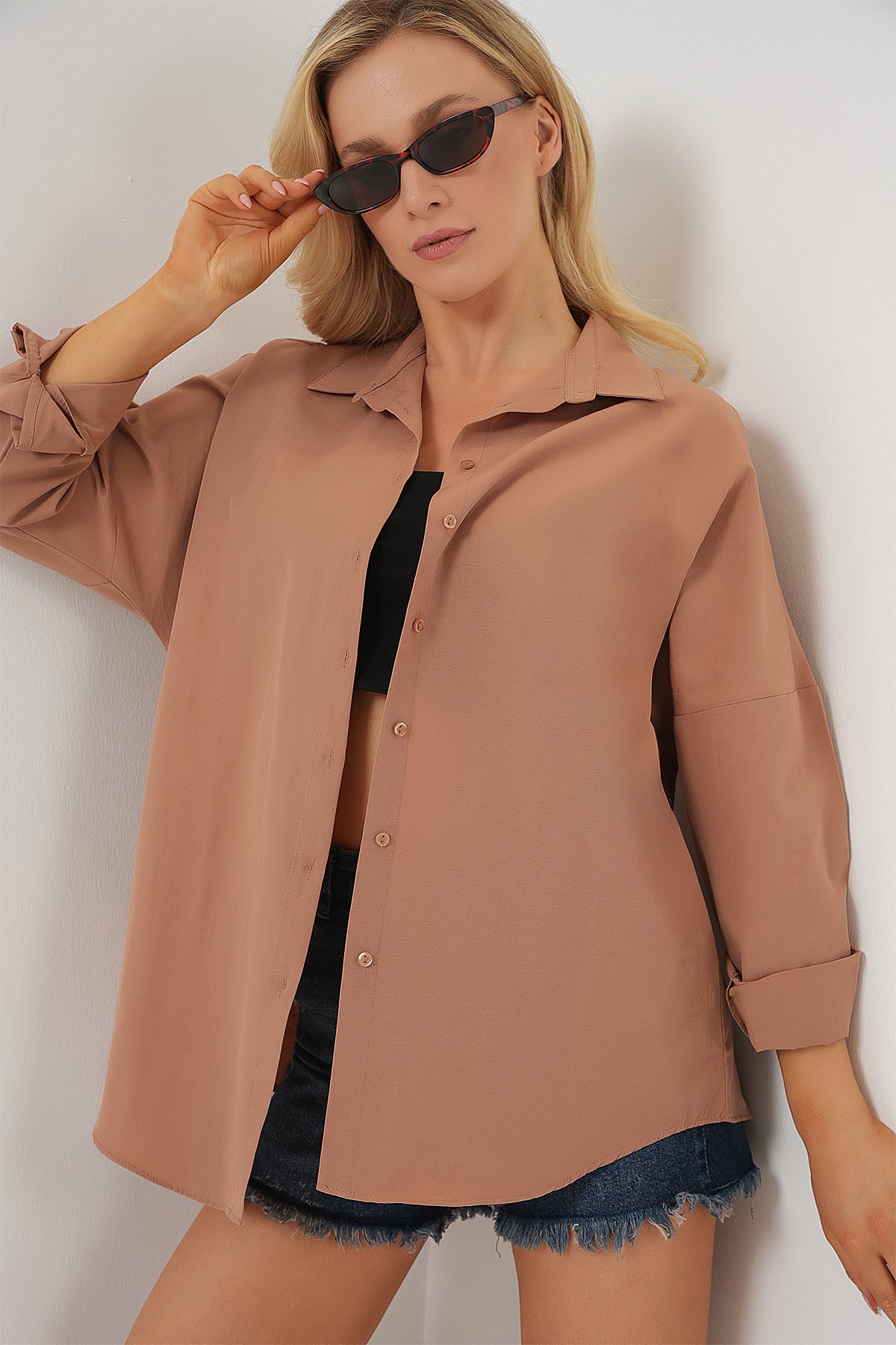 3900 Cămașă Oversize Lungă Basic - Cămilă