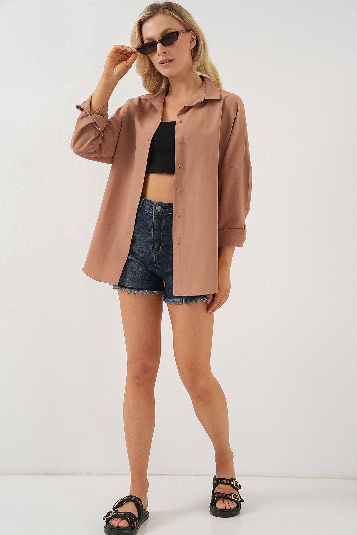 3900 Cămașă Oversize Lungă Basic - Cămilă