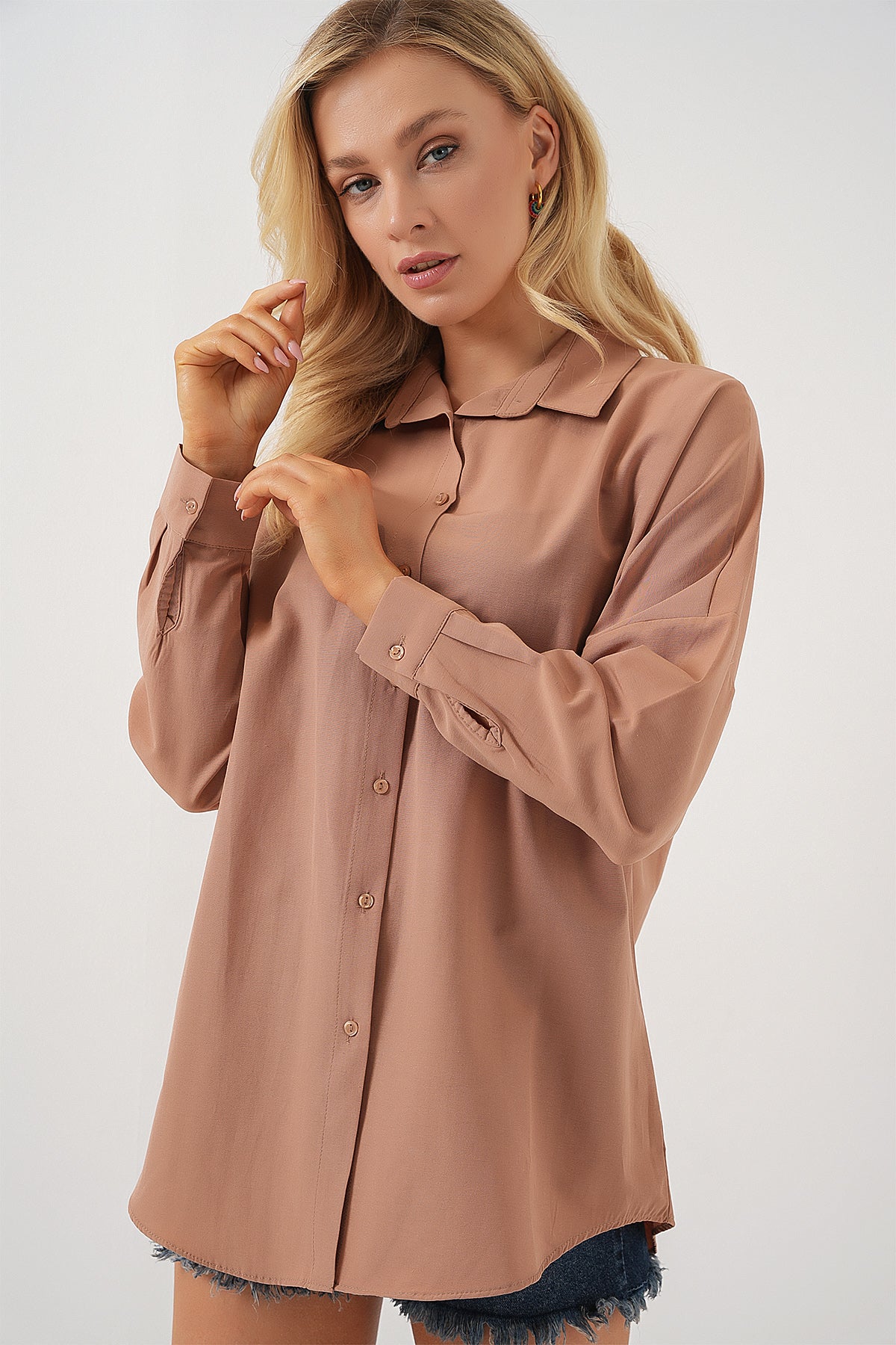 3900 Cămașă Oversize Lungă Basic - Cămilă