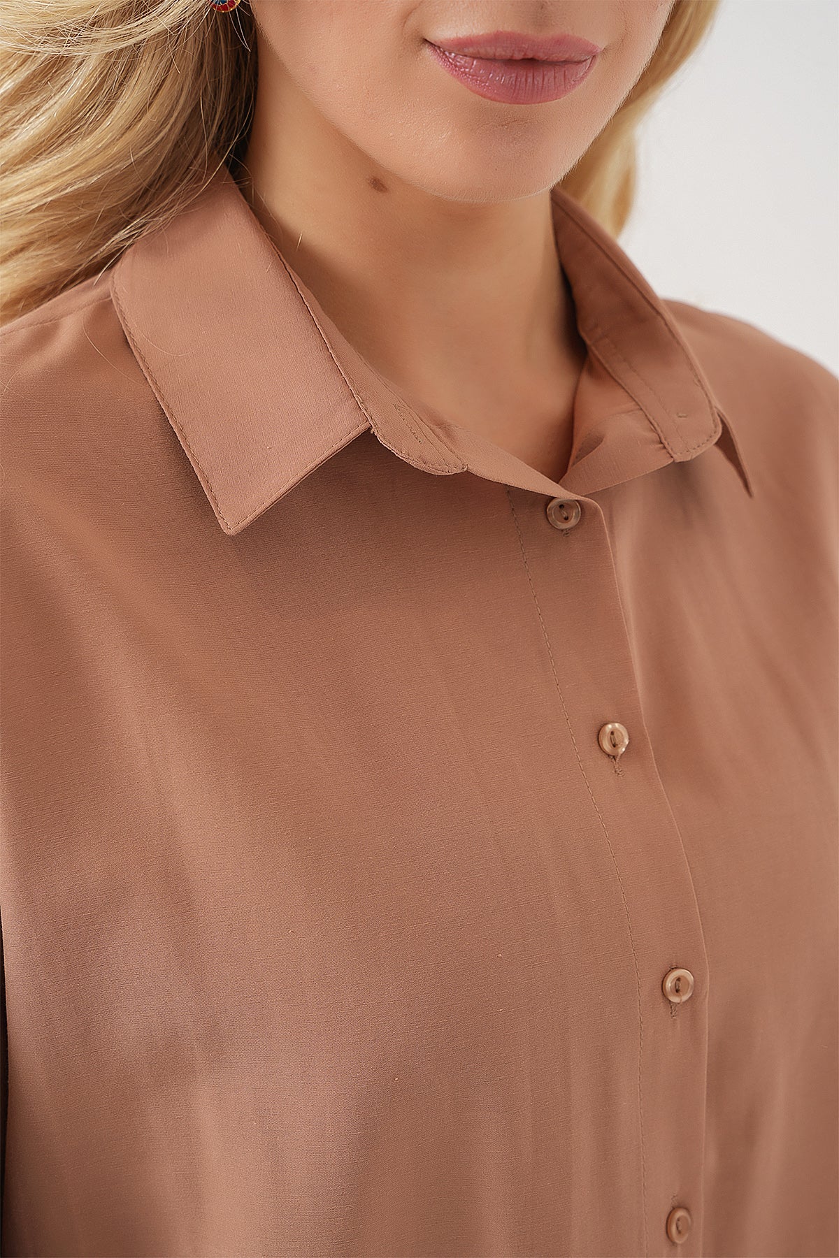 3900 Cămașă Oversize Lungă Basic - Cămilă
