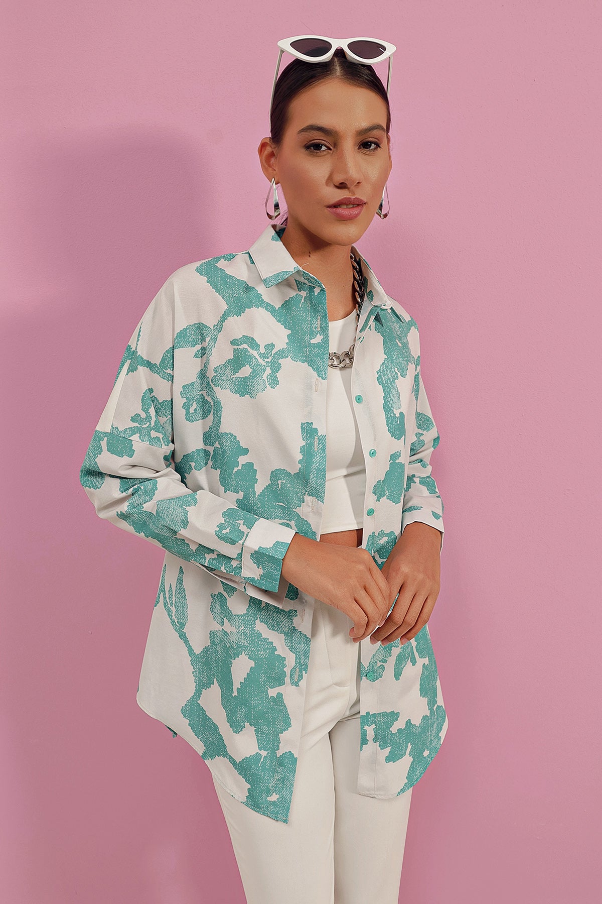 3900 Cămașă Basic Lungă Oversize - D. Mentă
