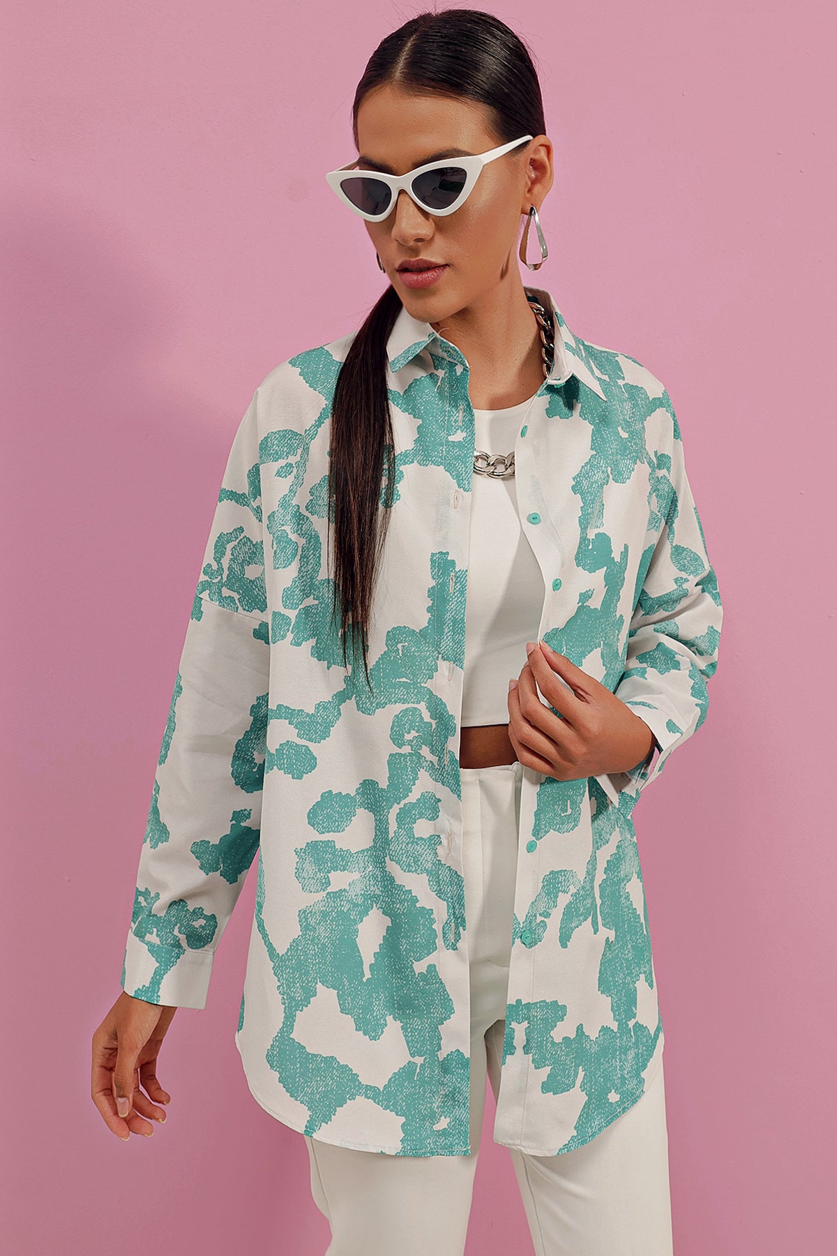 3900 Cămașă Basic Lungă Oversize - D. Mentă
