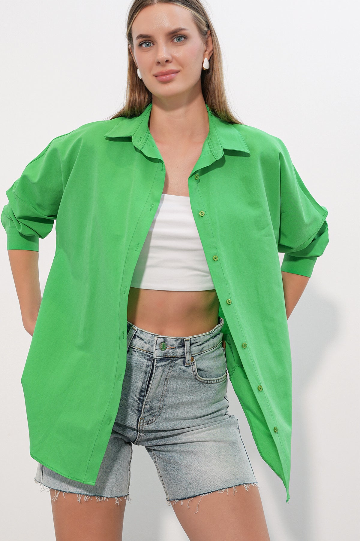 3900 Oversize Uzun Basic Gömlek - G.Yeşil