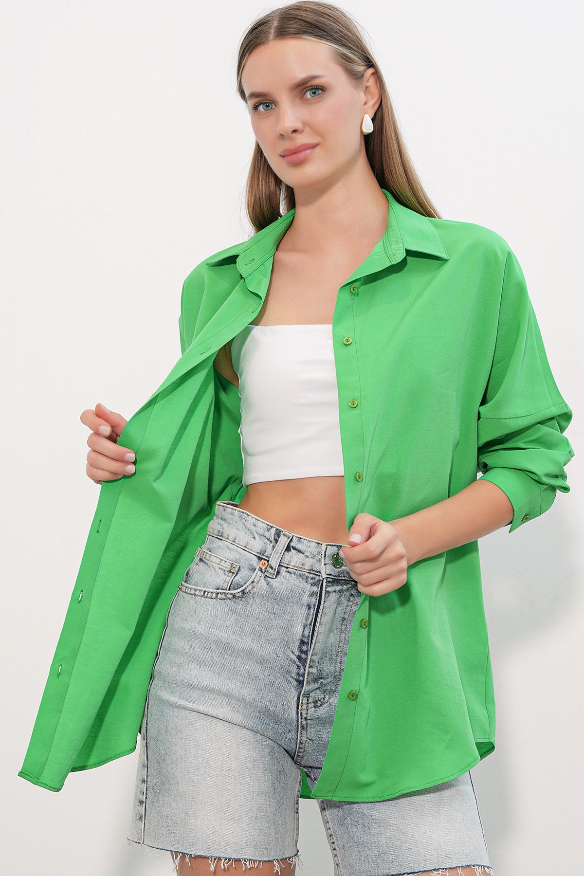 3900 Oversize Uzun Basic Gömlek - G.Yeşil
