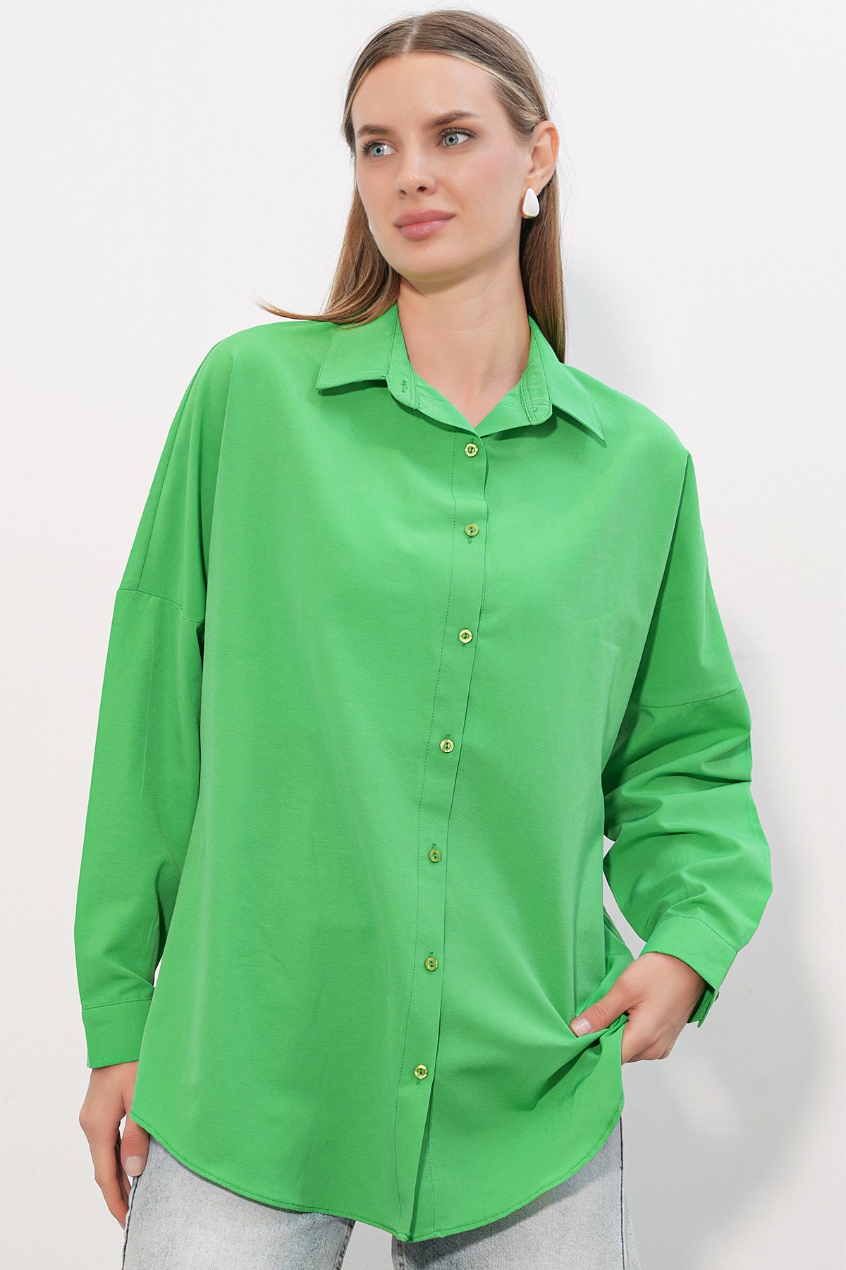 3900 Oversize Uzun Basic Gömlek - G.Yeşil