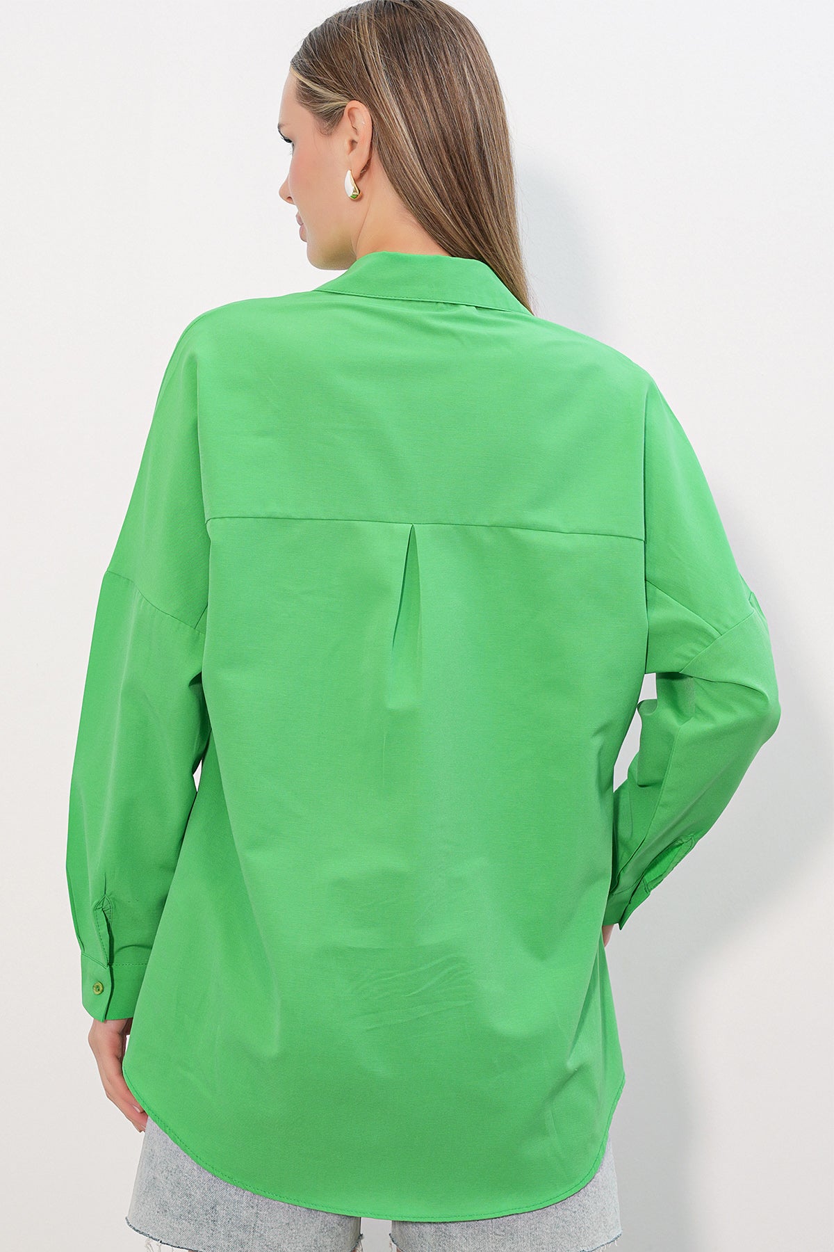 3900 Oversize Uzun Basic Gömlek - G.Yeşil