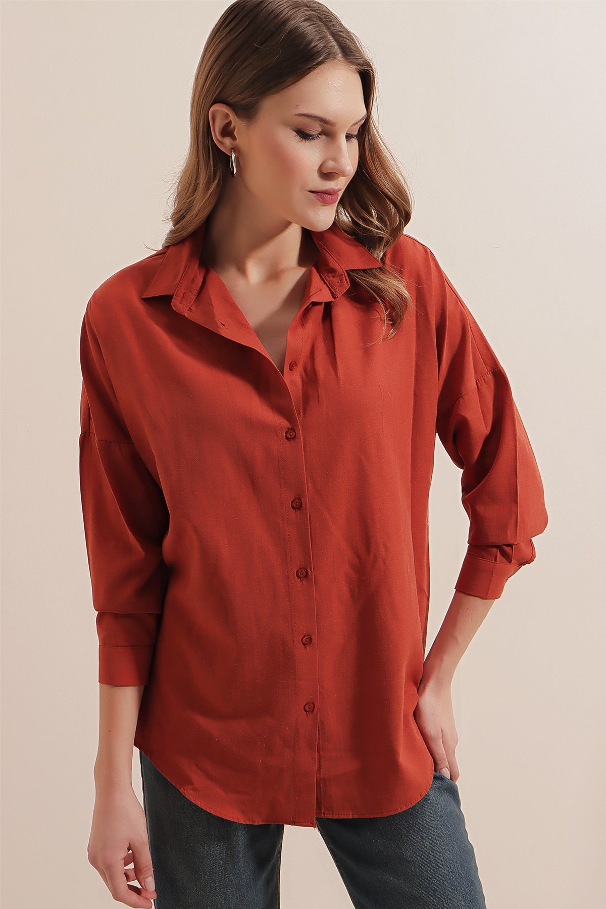 3900 Cămașă Basic Oversize Lungă - Cărămidă