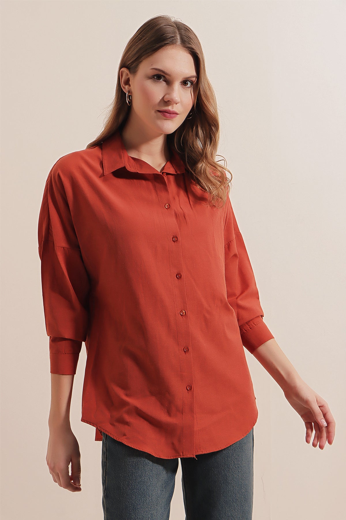 3900 Cămașă Basic Oversize Lungă - Cărămidă