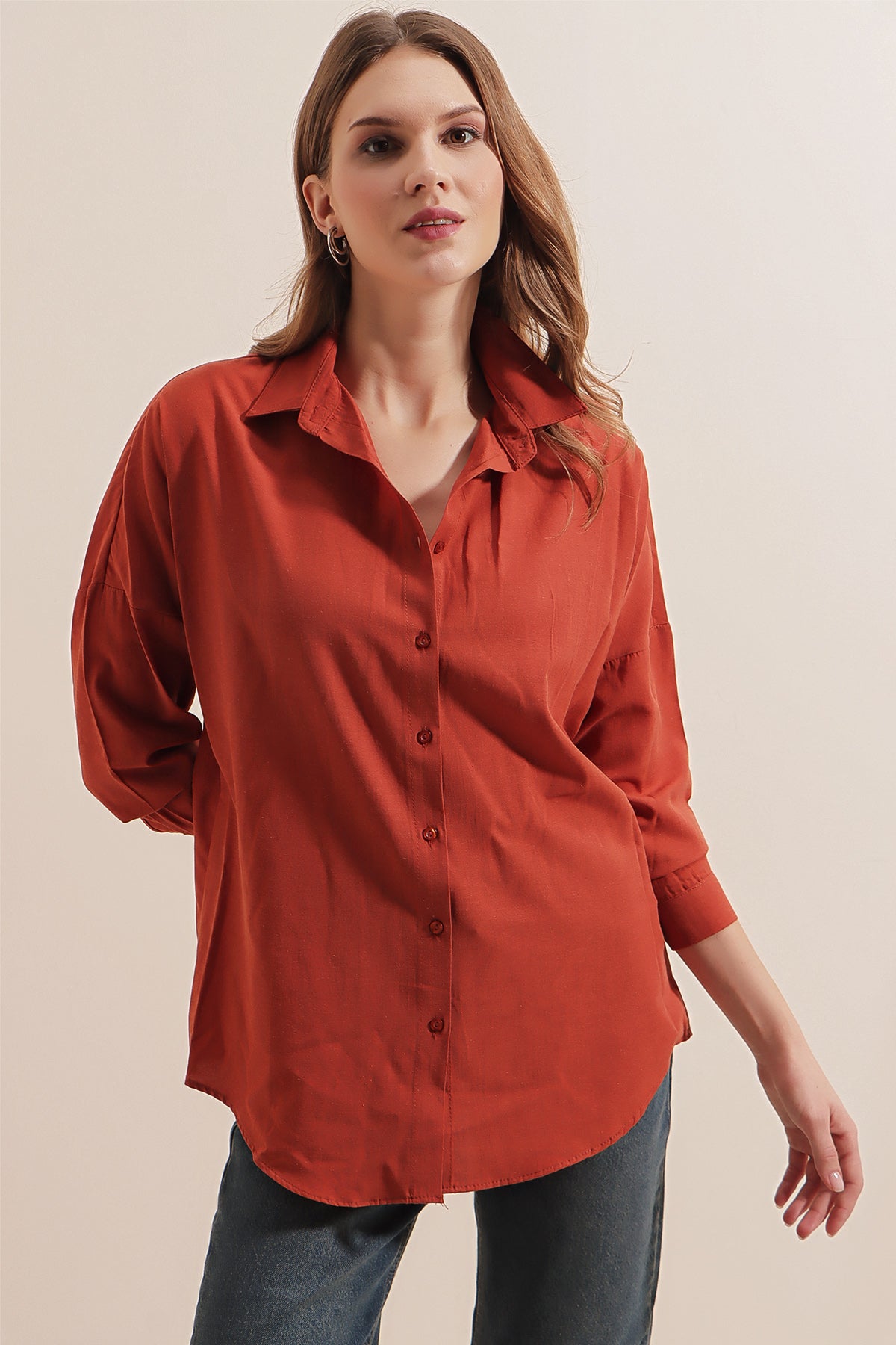 3900 Cămașă Basic Oversize Lungă - Cărămidă