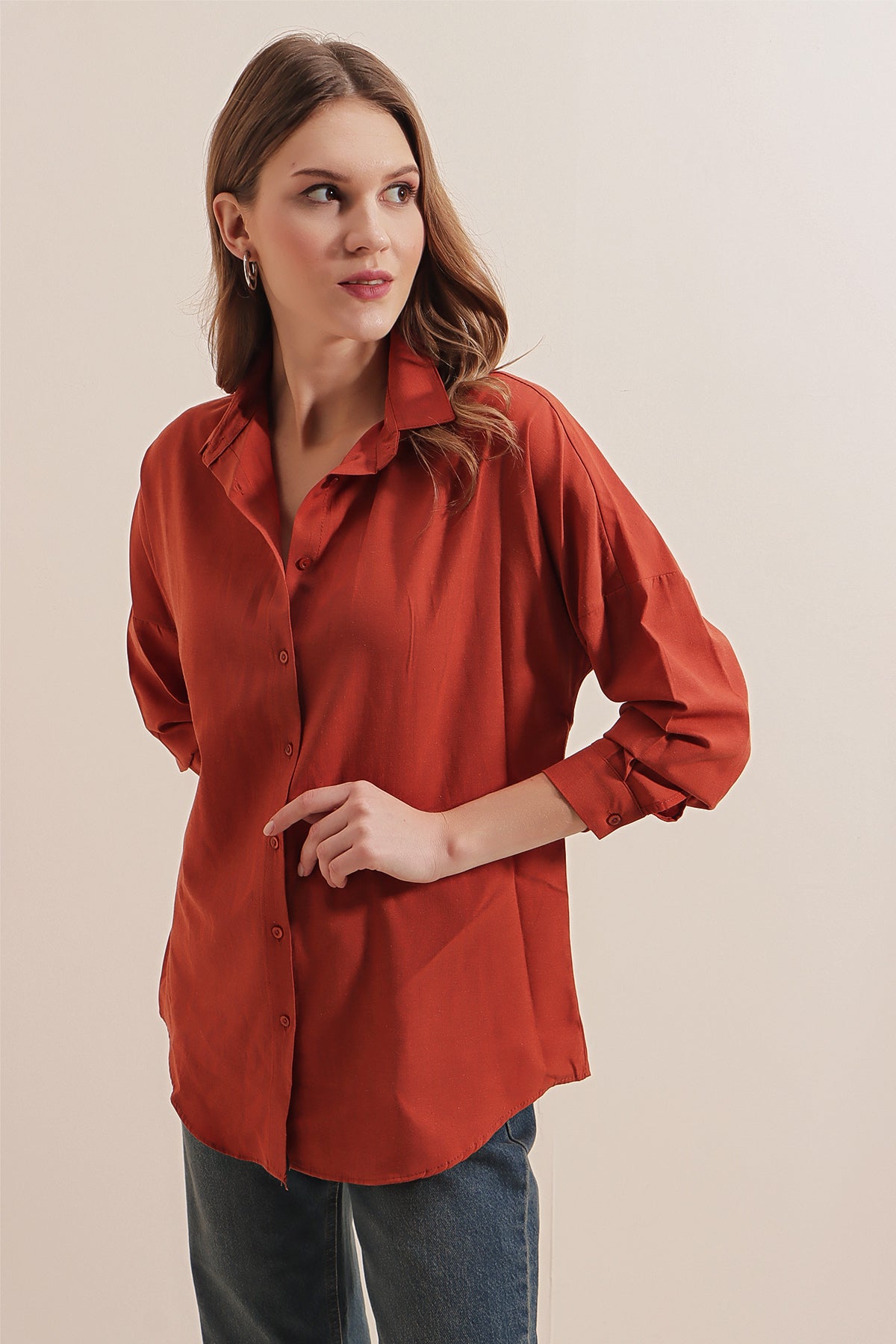 3900 Cămașă Basic Oversize Lungă - Cărămidă