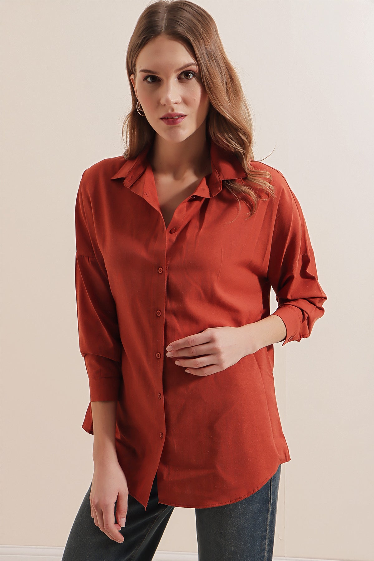 3900 Cămașă Basic Oversize Lungă - Cărămidă