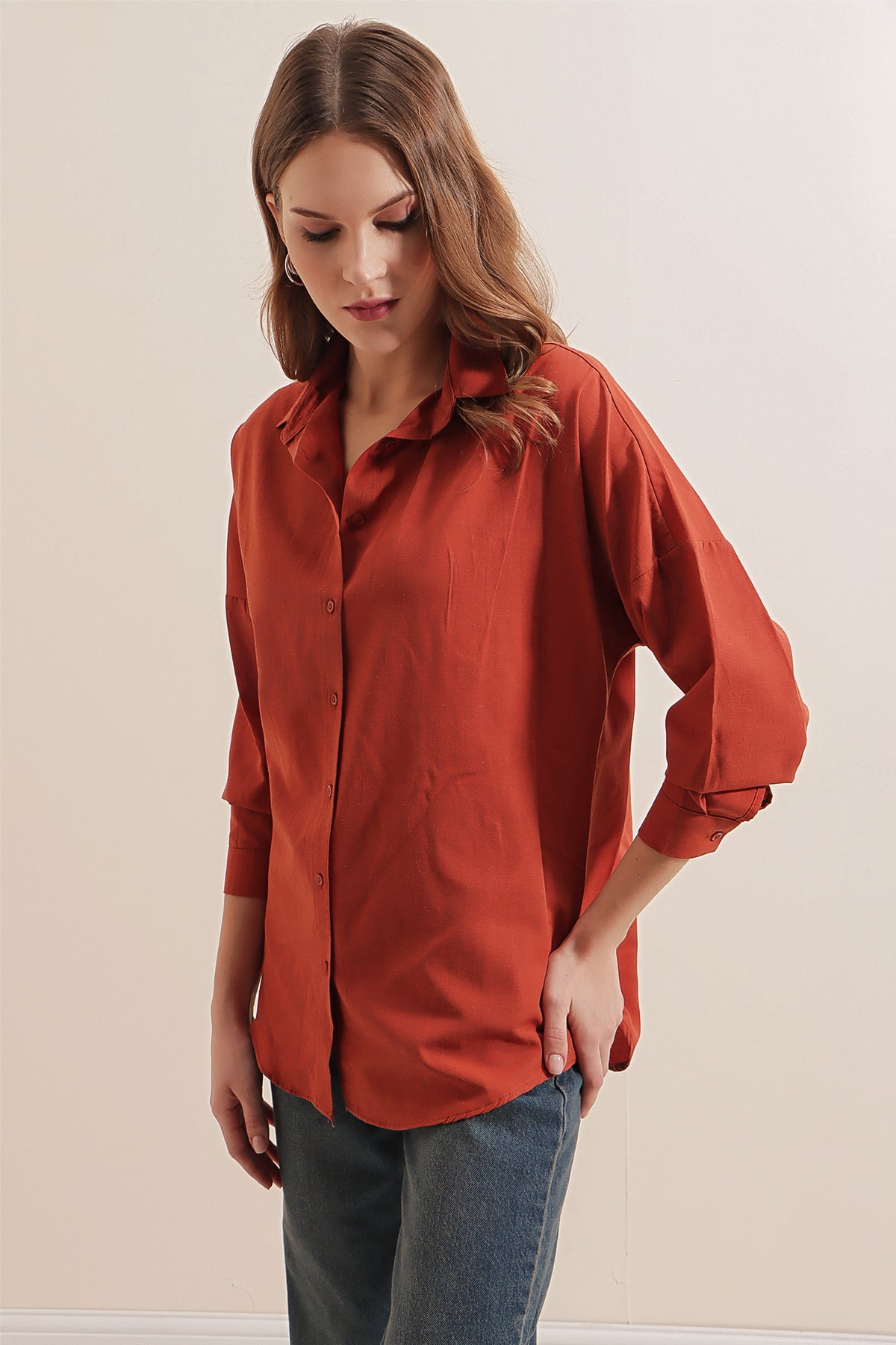 3900 Cămașă Basic Oversize Lungă - Cărămidă