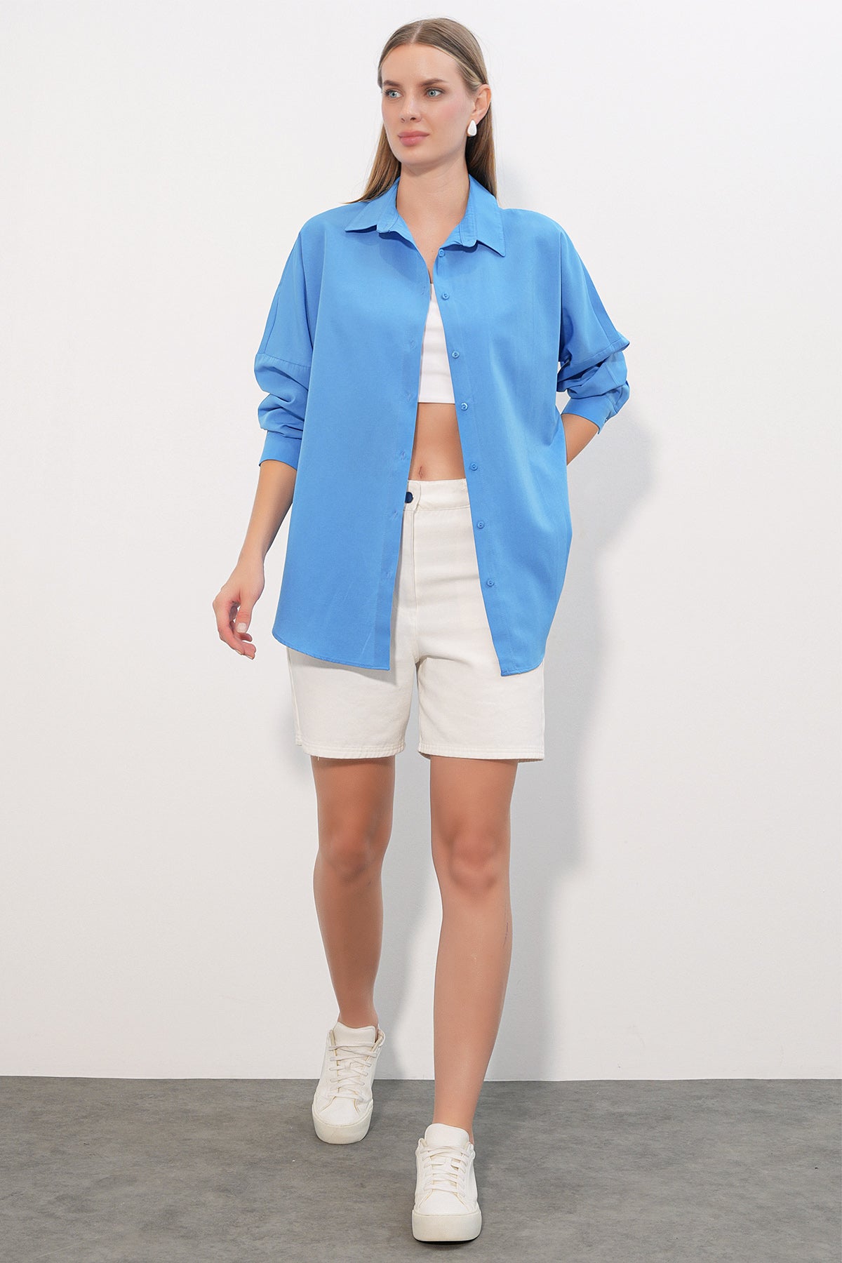 3900 Oversize Uzun Basic Gömlek - Koyu Mavi