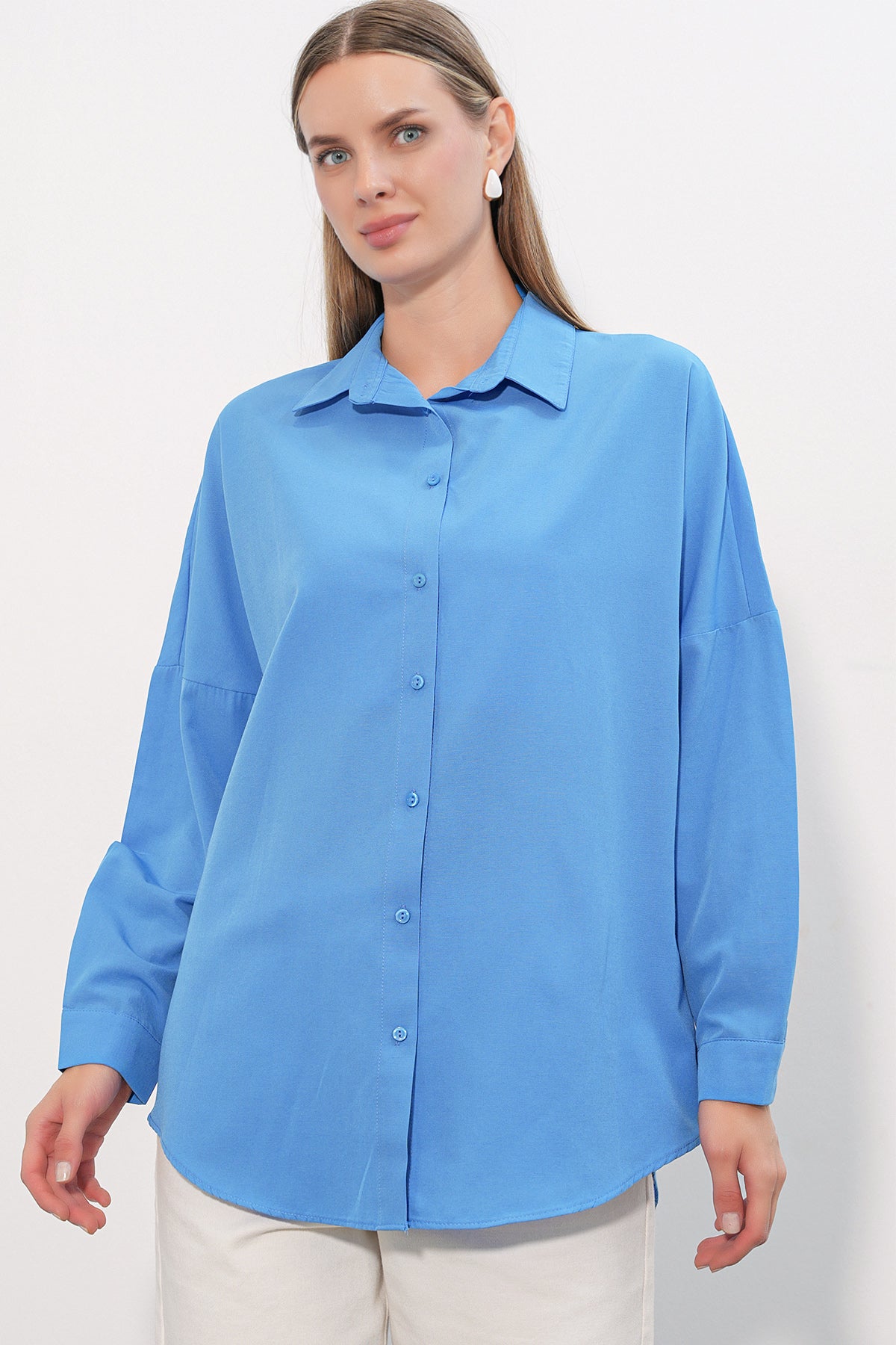 3900 Oversize Uzun Basic Gömlek - Koyu Mavi