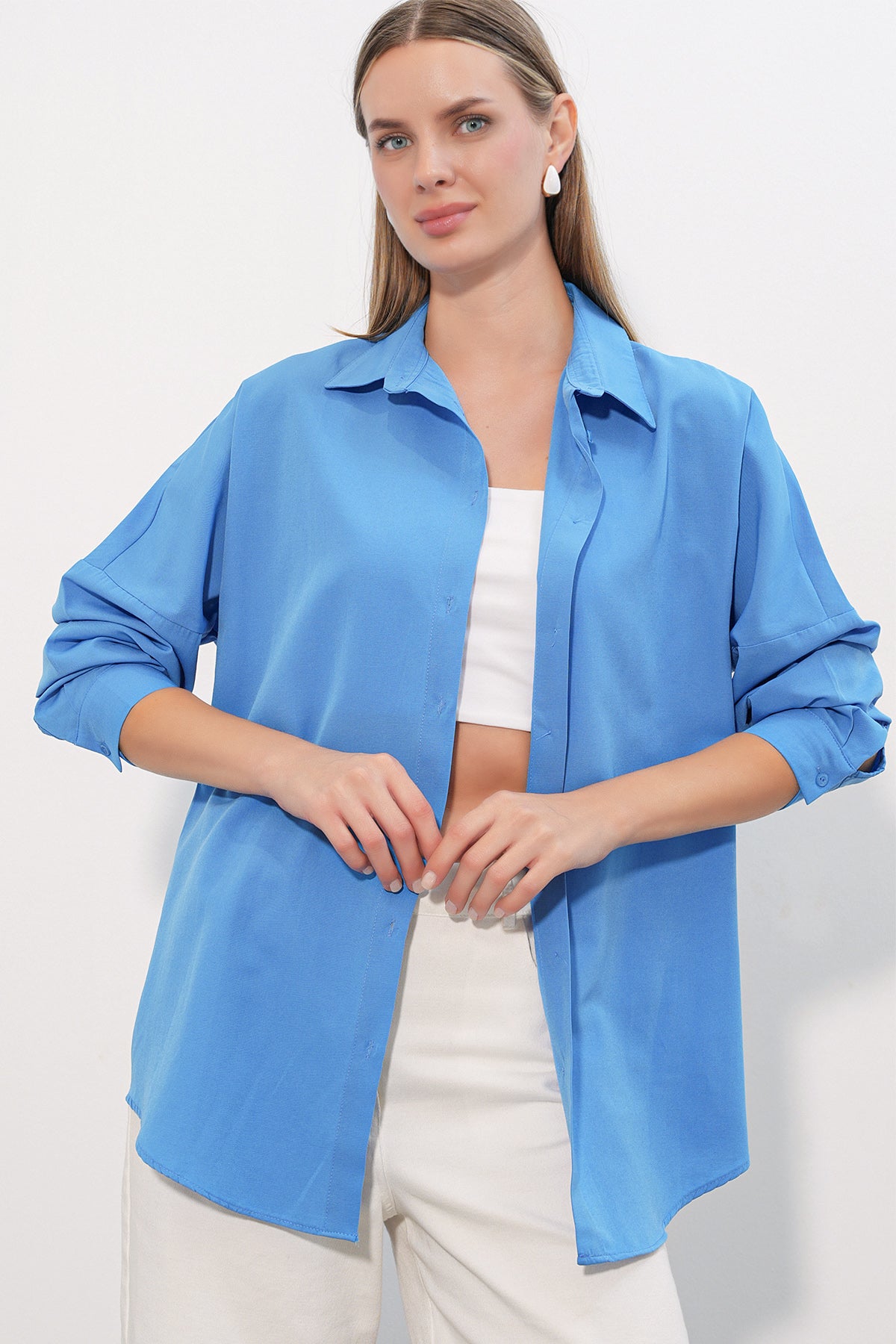 3900 Oversize Uzun Basic Gömlek - Koyu Mavi