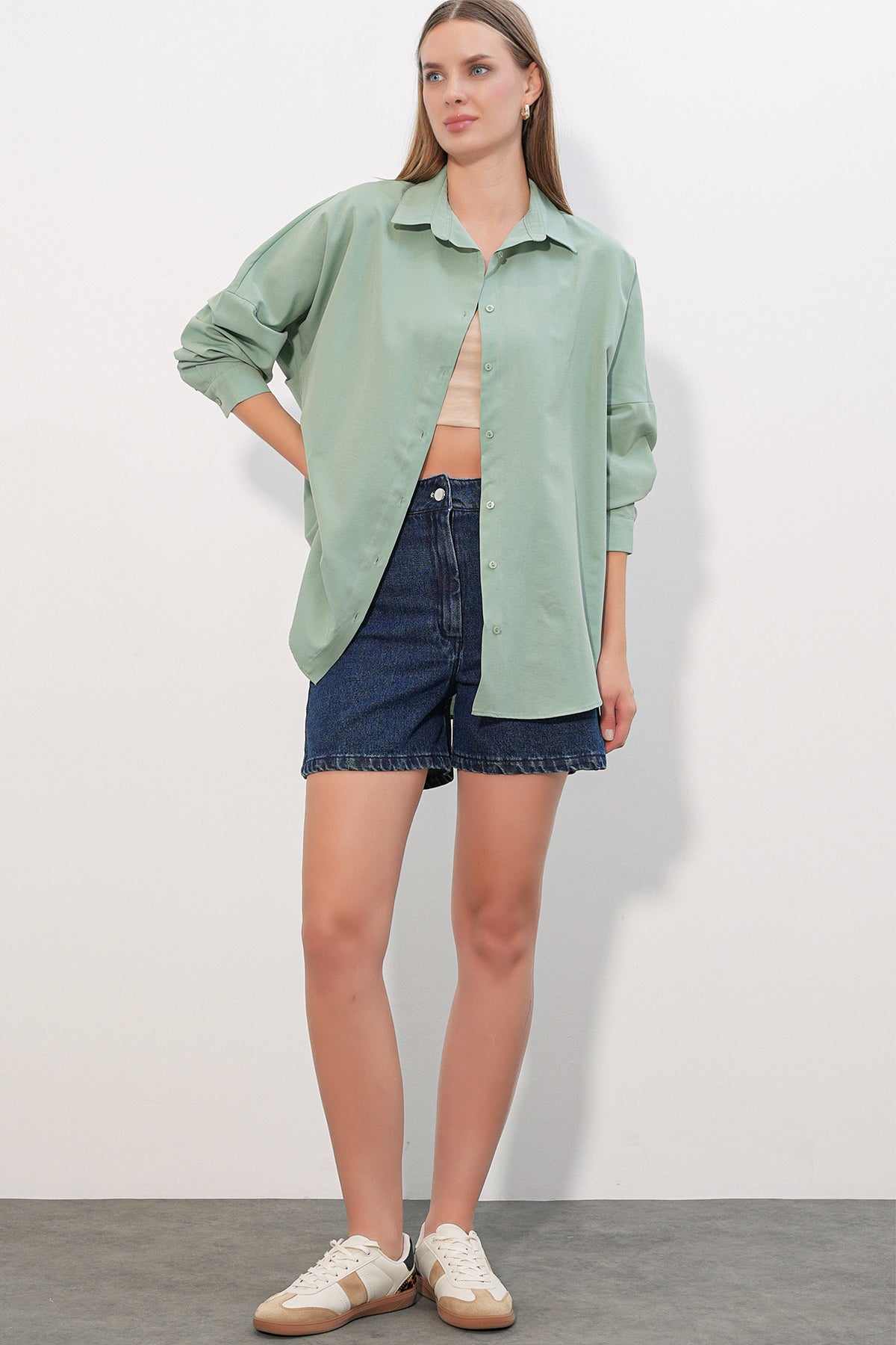 3900 Cămașă Oversize Lungă Basic - Turcoaz
