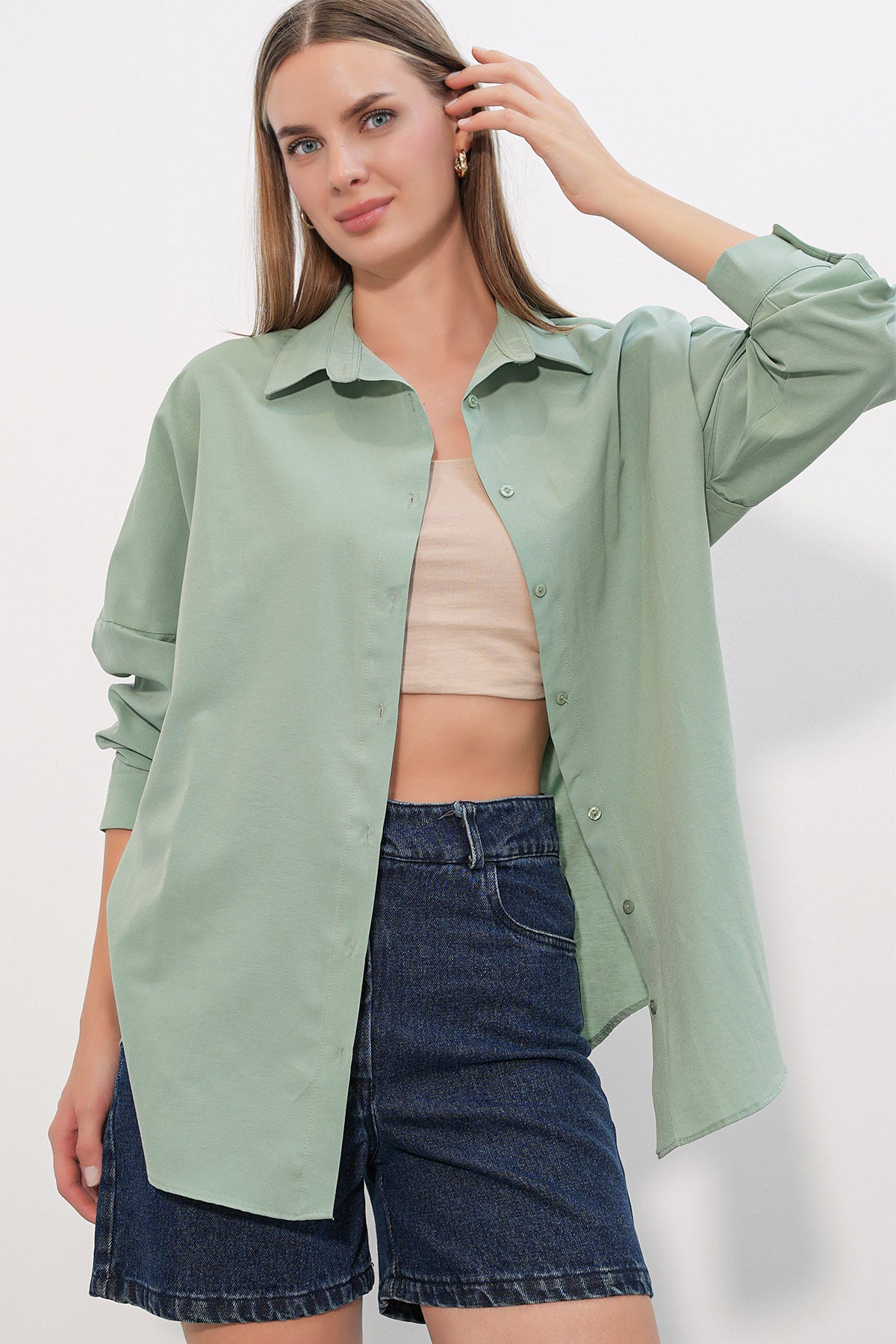 3900 Cămașă Oversize Lungă Basic - Turcoaz