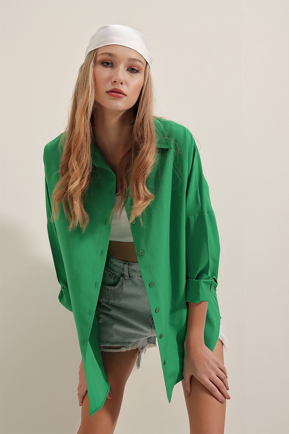 Oversize Uzun Basic Gömlek - Yeşil