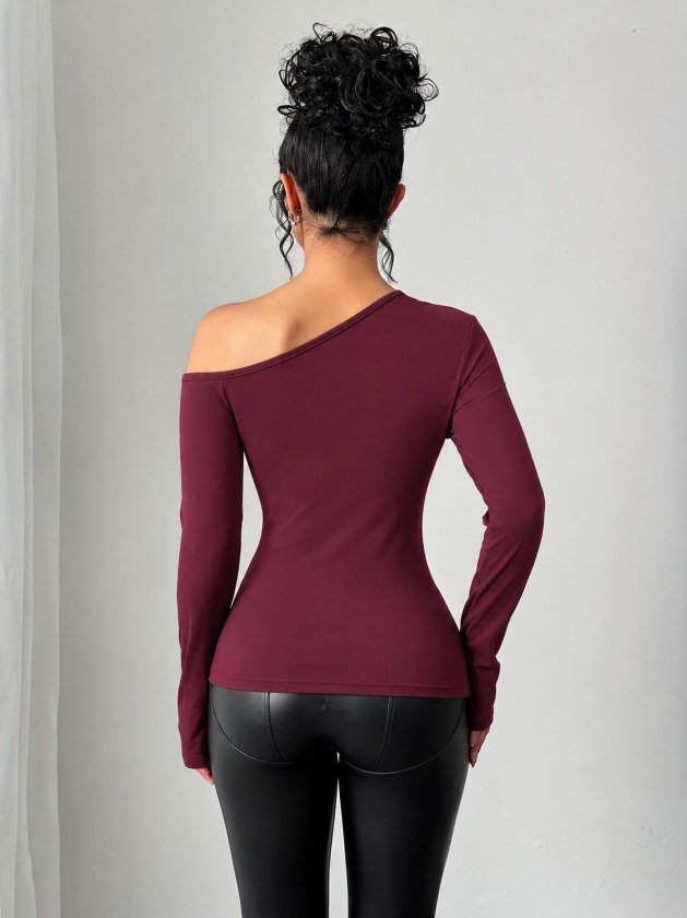 Women's Long-Sleeved, One-Shoulder, Embellished and Tulle Detail Scuba Blouse, 39103