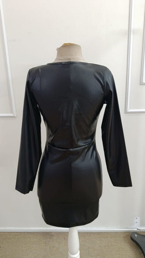 Rochie scurtă din piele pentru femei, cu mânecă lungă și decolteu înfășurat, 39168