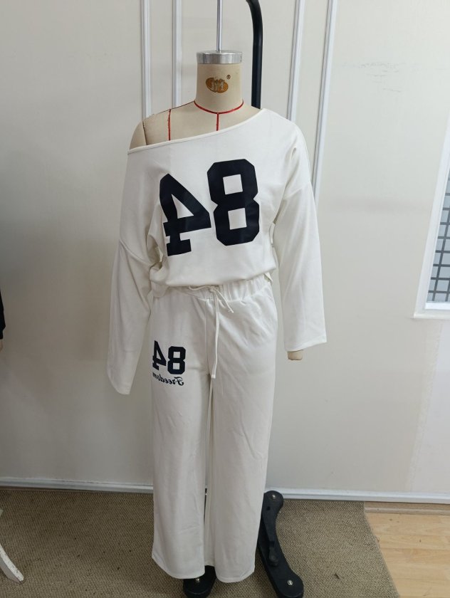 Set de două piese pentru femei, cu un singur umăr, bluză și pantaloni din modal imprimat, 39179