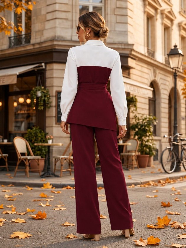 Top cu guler și mânecă lungă pentru femei, top tricotat cu detalii asimetrice și talie cu curea, bluză din crep importat și pantaloni cu crăpături, set din două piese, 39200