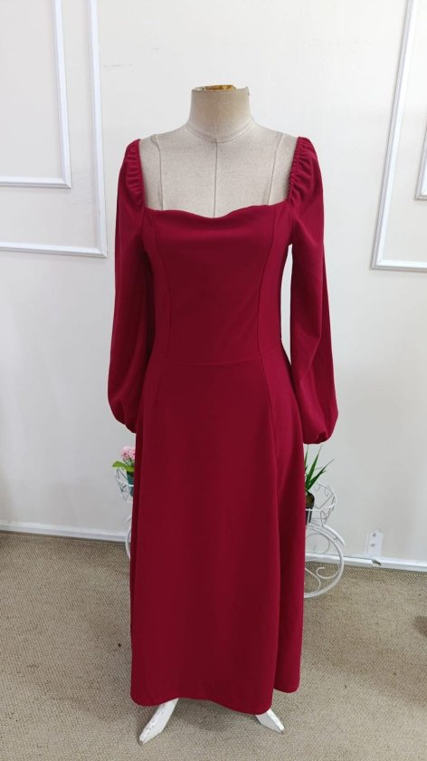Women's Long Sleeve Sweetheart Neckline Slit Long Imported Crepe Dress, 39232