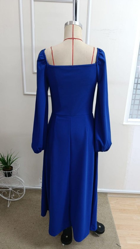 Women's Long Sleeve Sweetheart Neckline Slit Long Imported Crepe Dress, 39233
