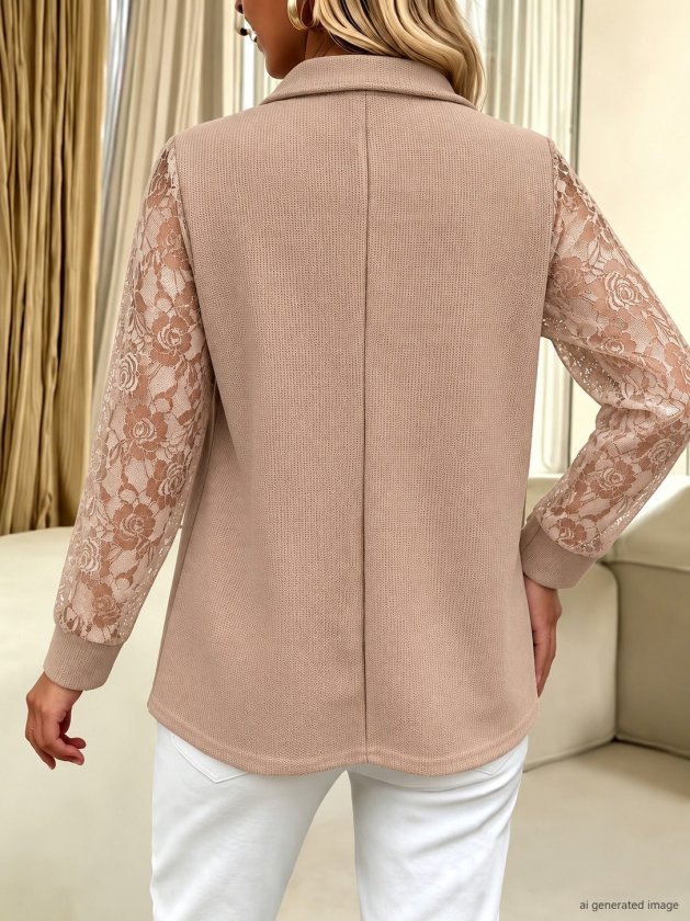 Kadın Uzun Kollu Yakalı Dantelli Waffle Bluz, 39264