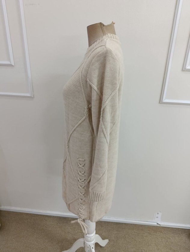 Rochie scurtă tricotată pentru femei, cu mânecă lungă, decolteu rotund și legături laterale, 39291