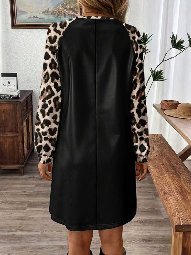 Kadın Uzun Kollu Bisiklet Yakalı Leopar Desenli Deri Kısa Elbise, 39298