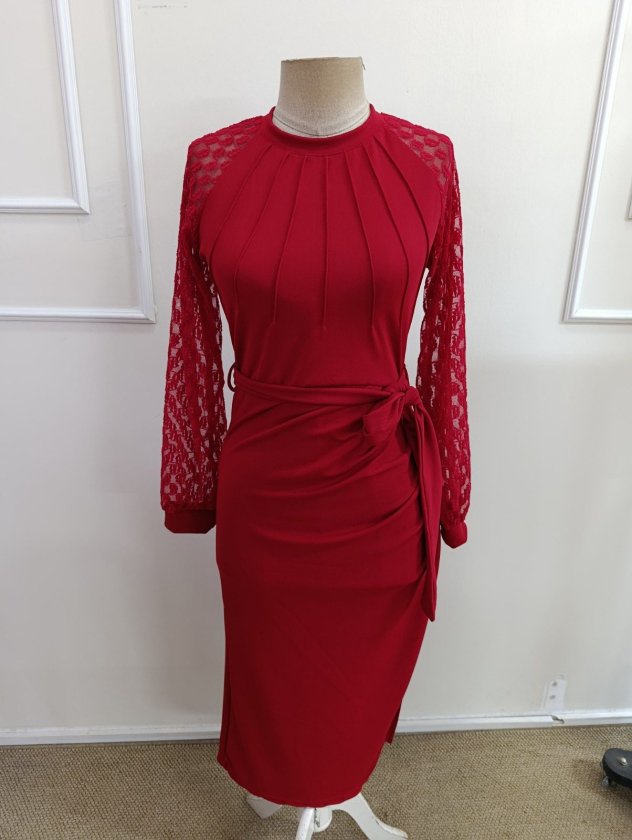 Rochie midi din crep cu mâneci lungi pentru femei, cu mâneci cu model, crăpătură laterală și talie cu curea, 39305