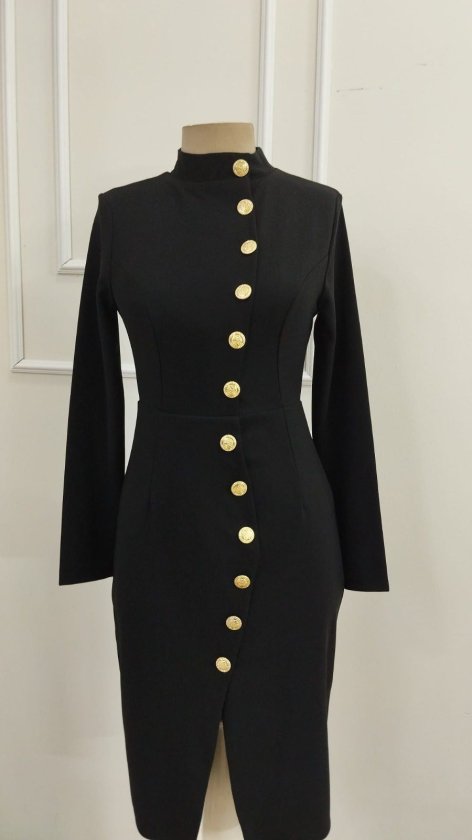 Women's Long Sleeve Turtleneck Buttoned Midi Imported Crepe Dress, 39311