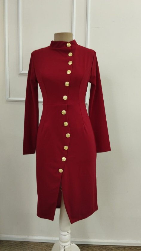 Women's Long Sleeve Turtleneck Buttoned Midi Imported Crepe Dress, 39312