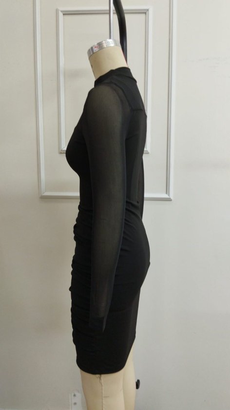Women's Long Sleeve Turtleneck Tulle Detail Gathered Short Scuba Dress, 39316