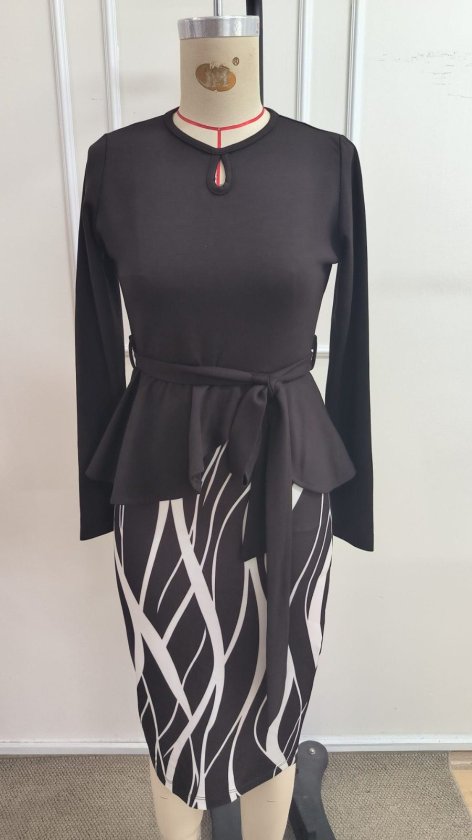 Women's Long-Sleeve Crew Neck, Belted Waist, Asymmetrical Front Detail, Patterned Midi Modal Two-Piece Set, 39324