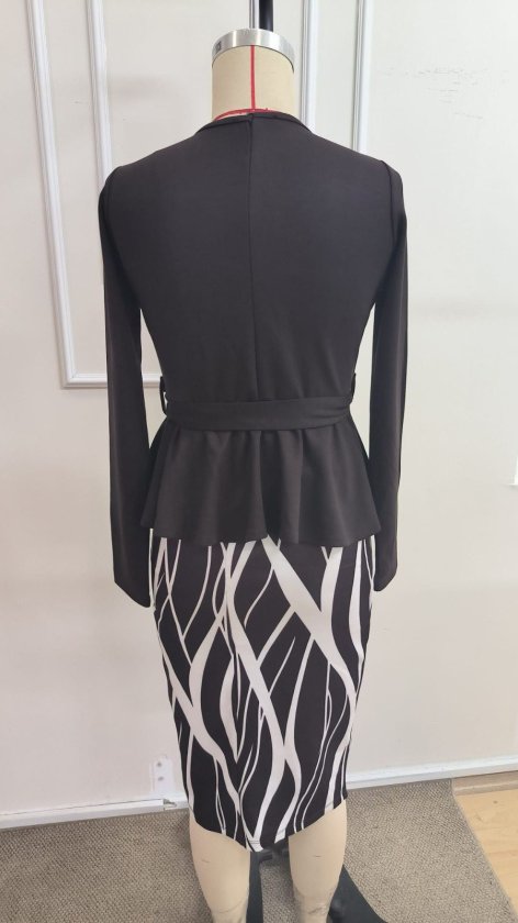 Women's Long-Sleeve Crew Neck, Belted Waist, Asymmetrical Front Detail, Patterned Midi Modal Two-Piece Set, 39324
